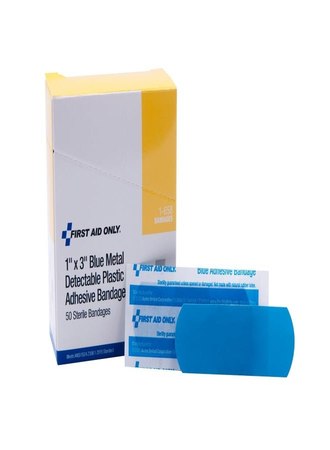 ضمادات بلاستيكية للإسعافات الأولية فقط 1-658، ضمادات زرقاء قابلة للكشف عن المعادن، 1 × 3 بوصة، 50 ضمادة